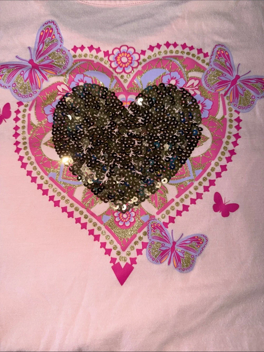The Children's Place Light Pink Tee with Sequin Heart & Butterfly Design